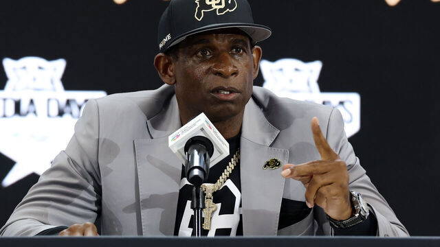 FRISCO, TEXAS - JULY 09: Head coach Deion Sanders of the Colorado Buffaloes speaks with the media during the Big 12 Media Days at The Ford Center at The Star on July 09, 2025 in Frisco, Texas.