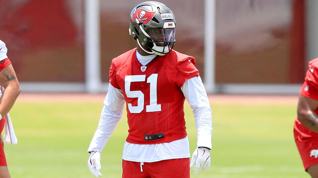 TAMPA, FL - SEP 09: of the Buccaneers Linebacker David Walker (51) goes thru a drill during the Tampa Bay Buccaneers Rookie Mini Camp workout on May 09, 2025 at the AdventHealth Training Center in Tampa, Florida.