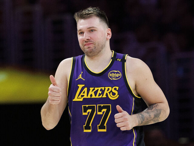 LOS ANGELES, CA - APRIL 4, 2025: Los Angeles Lakers guard Luka Doncic (77) reacts after scoring against the New Orleans Pelicans at Crypto.com Arena on April 4, 2025 in Los Angeles, California.(Gina Ferazzi / Los Angeles Times via Getty Images)