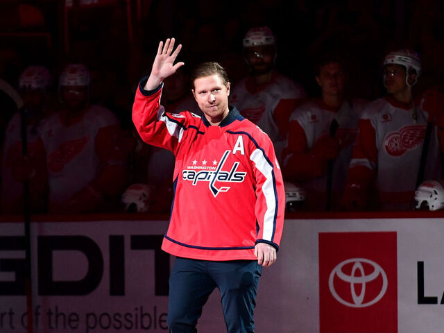WASHINGTON, DC - MARCH 07: Former Capital Nicklas Backstrom waves to the crowd during a pregame ceremony before the Detroit Red Wings versus Washington Capitals National Hockey League game on March 7, 2025 at Capital One Arena in Washington, D.C..