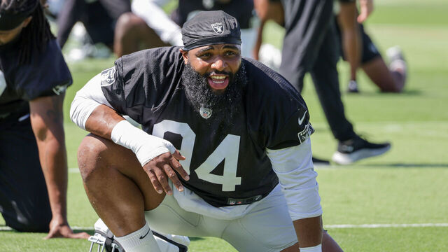 HENDERSON, NEVADA - MAY 29: Defensive tackle Christian Wilkins #94 of the Las Vegas Raiders stretches during an OTA offseason workout at the Las Vegas Raiders Headquarters/Intermountain Healthcare Performance Center on May 29, 2024 in Henderson, Nevada.