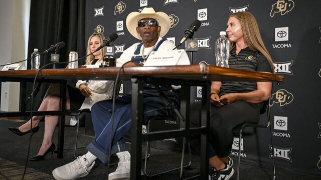 BOULDER , CO - JULY 28: Head coach DeIon Sanders of the University of Colorado speaks about his journey beating bladder cancer during a press conference in the Touchdown Club at Folsom Field in Boulder, Colorado on Monday, July 28, 2025.
