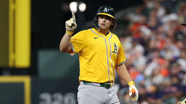 HOUSTON, TX - JULY 24: Nick Kurtz #16 of the Athletics reacts after hitting a single in the third inning during the game between the Athletics and the Houston Astros at Daikin Park on Thursday, July 24, 2025 in Houston, Texas.