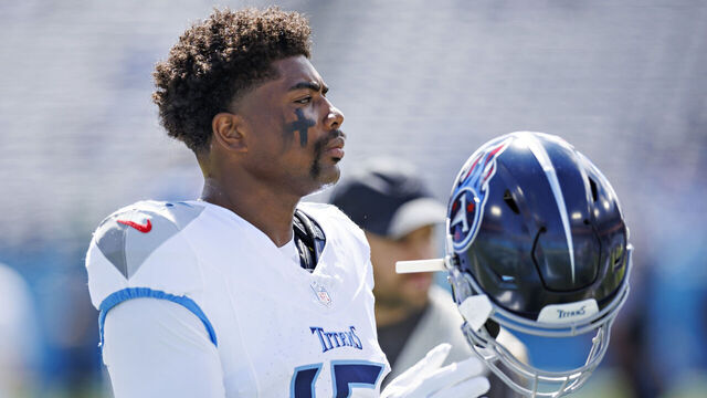 NASHVILLE, TENNESSEE - SEPTEMBER 15: Treylon Burks #16 of the Tennessee Titans warms up before a game against the New York Jets at Nissan Stadium on September 15, 2024 in Nashville, Tennessee. The Jets defeated the Titans 24-17.