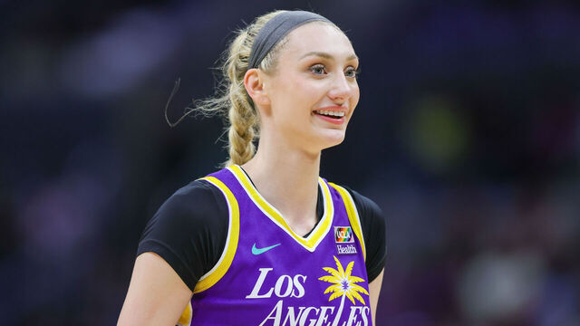 LOS ANGELES, CA - JUNE 09: Los Angeles Sparks forward Cameron Brink (22) laughs after a play during the WNBA basketball game between the Las Vegas Aces and the Los Angeles Sparks on June 09, 2024, at Crypto.com Arena in Los Angeles, CA.