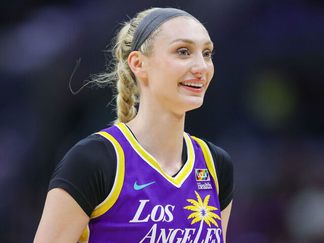 LOS ANGELES, CA - JUNE 09: Los Angeles Sparks forward Cameron Brink (22) laughs after a play during the WNBA basketball game between the Las Vegas Aces and the Los Angeles Sparks on June 09, 2024, at Crypto.com Arena in Los Angeles, CA.
