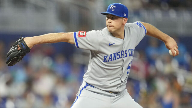 MIAMI, FLORIDA - JULY 20: Kris Bubic #50 of the Kansas City Royals pitches during the first inning against the Miami Marlins at loanDepot park on July 20, 2025 in Miami, Florida.