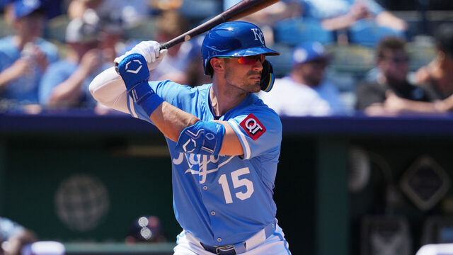 KANSAS CITY, MISSOURI - JULY 27: Randal Grichuk #15 of the Kansas City Royals bats against the Cleveland Guardians at Kauffman Stadium on July 27, 2025 in Kansas City, Missouri.