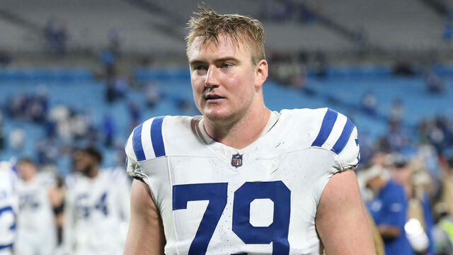 CHARLOTTE, NC - NOVEMBER 05: Indianapolis Colts offensive tackle Bernhard Raimann (79) during a NFL football game between the Indianapolis Colts and the Carolina Panthers on November 5, 2023 at Bank of America Stadium in Charlotte, N.C.