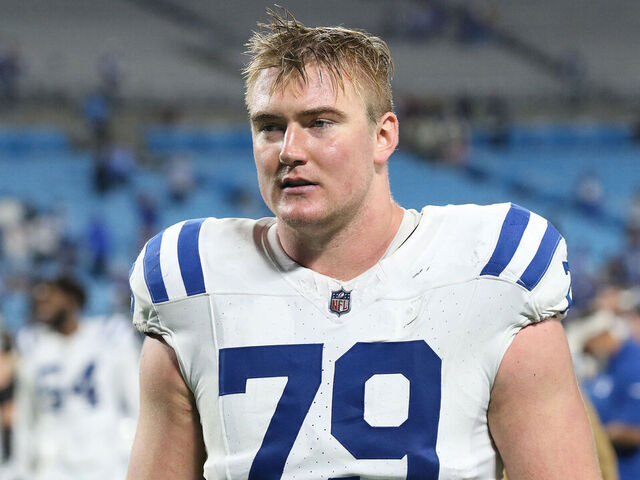 CHARLOTTE, NC - NOVEMBER 05: Indianapolis Colts offensive tackle Bernhard Raimann (79) during a NFL football game between the Indianapolis Colts and the Carolina Panthers on November 5, 2023 at Bank of America Stadium in Charlotte, N.C.