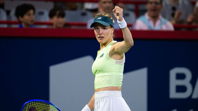 MONTREAL, QUEBEC - JULY 28: Eugenie Bouchard of Canada reacts while playing against Emiliana Arango of Colombia in the first round of the National Bank Open at Stade IGA on July 28, 2025 in Montreal, Quebec