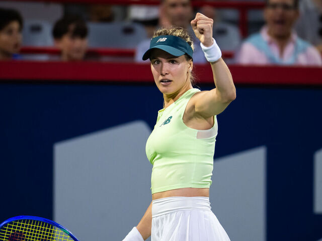 MONTREAL, QUEBEC - JULY 28: Eugenie Bouchard of Canada reacts while playing against Emiliana Arango of Colombia in the first round of the National Bank Open at Stade IGA on July 28, 2025 in Montreal, Quebec