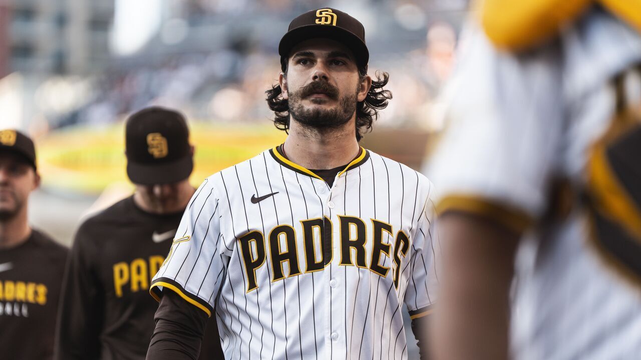 SAN DIEGO, CALIFORNIA - JULY 28: Dylan Cease #84 of the San Diego Padres walks to the dugout before the game against New York Mets at Petco Park on July 28, 2025 in San Diego, California.