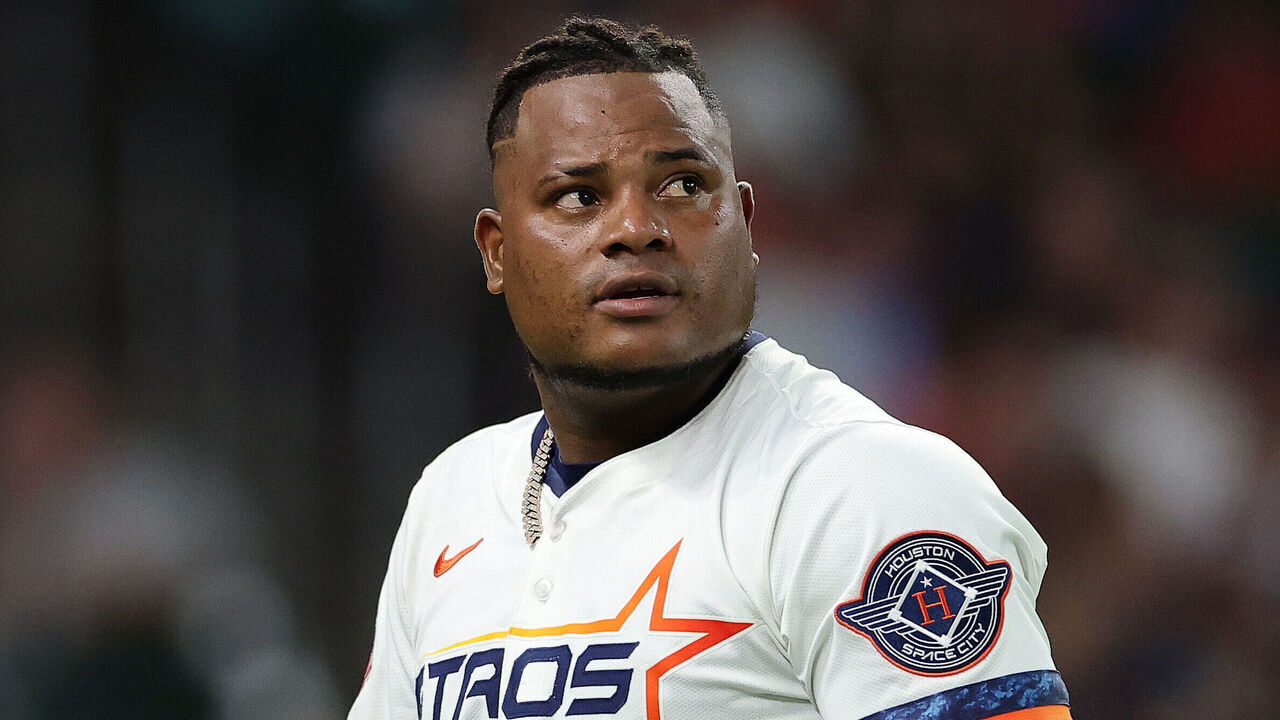 HOUSTON, TEXAS - JULY 28: Framber Valdez #59 of the Houston Astros looks on during the third inning against the Washington Nationals at Daikin Park on July 28, 2025 in Houston, Texas.