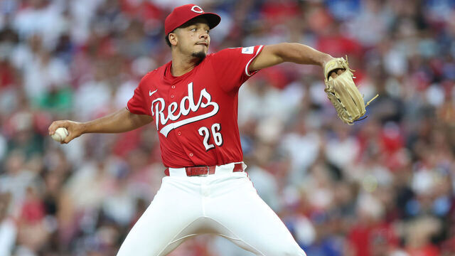 CINCINNATI, OHIO - JULY 28: Chase Burns #26 of the Cincinnati Reds throws a pitch against the Los Angeles Dodgers at Great American Ball Park on July 28, 2025 in Cincinnati, Ohio.