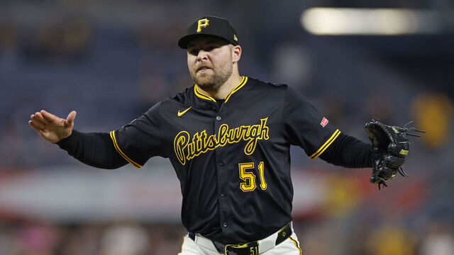 PITTSBURGH, PA - JULY 21: David Bednar #51 of the Pittsburgh Pirates reacts after pitching the final out in the ninth inning during an MLB game against the Detroit Tigers on July 21, 2025 at PNC Park in Pittsburgh, Pennsylvania.