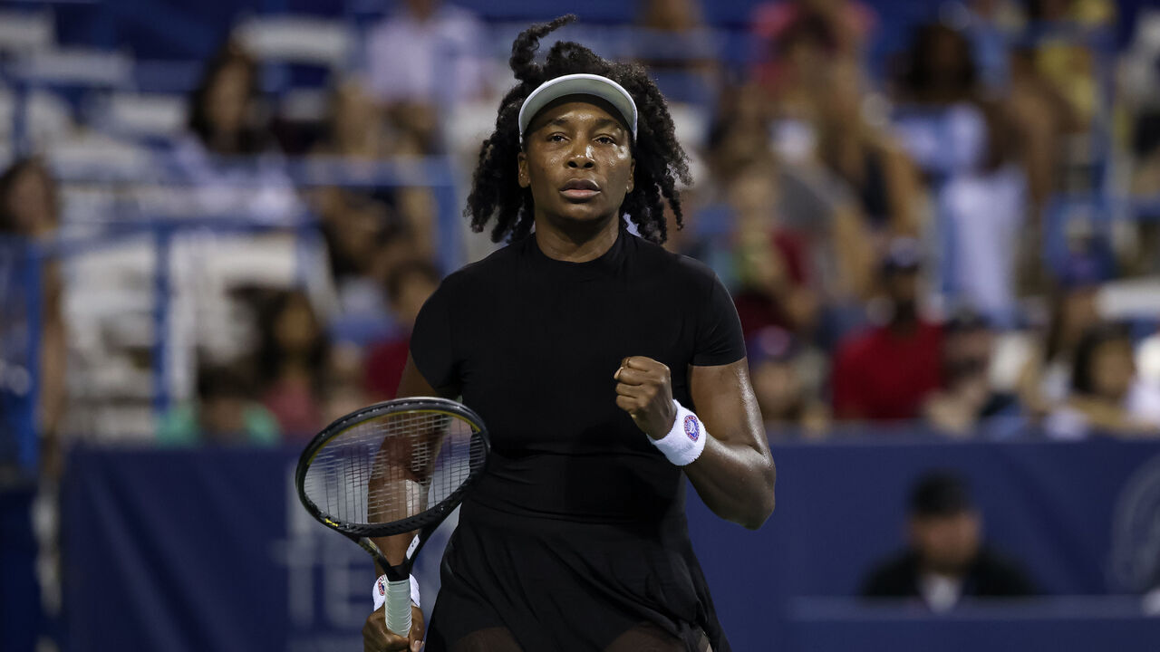 WASHINGTON, DC - JULY 24: Venus Williams of the United States celebrates after a point against Magdalena Frech of Poland during a women's singles match on day 4 of the Mubadala Citi DC Open 2025 at William H.G. FitzGerald Tennis Center on July 24, 2025 in Washington, DC.
