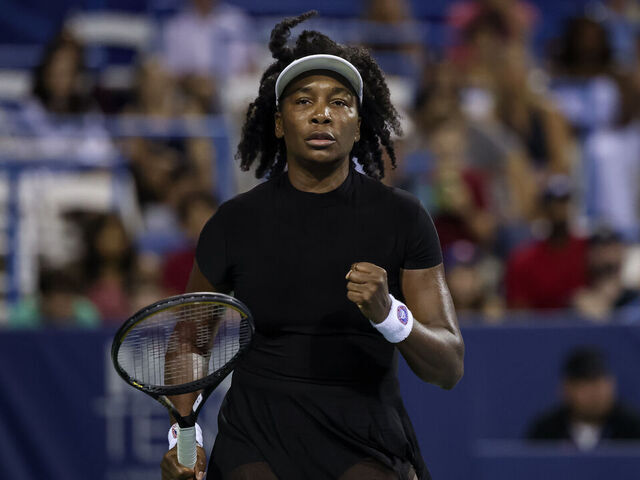 WASHINGTON, DC - JULY 24: Venus Williams of the United States celebrates after a point against Magdalena Frech of Poland during a women's singles match on day 4 of the Mubadala Citi DC Open 2025 at William H.G. FitzGerald Tennis Center on July 24, 2025 in Washington, DC.