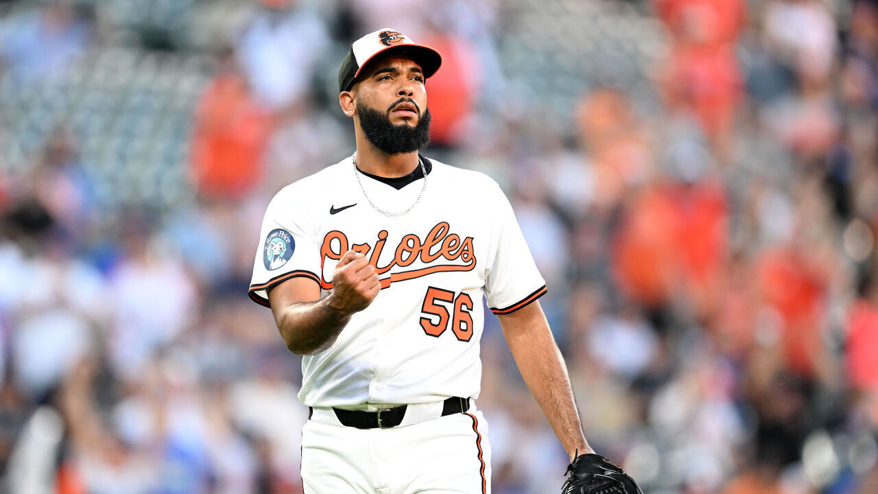 BALTIMORE, MARYLAND - JULY 10: Seranthony Domínguez #56 of the Baltimore Orioles celebrates after a victory against the New York Mets during game two of a double header at Oriole Park at Camden Yards on July 10, 2025 in Baltimore, Maryland.