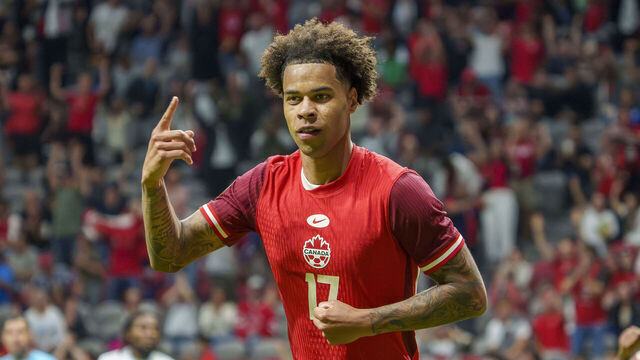VANCOUVER, CANADA - JUNE 17: Tajon Buchanan #17 of Team Canada celebrates his goal during Canada v Honduras - Gold Cup 2025 action at BC Place on June 17, 2025 in Vancouver, Canada.