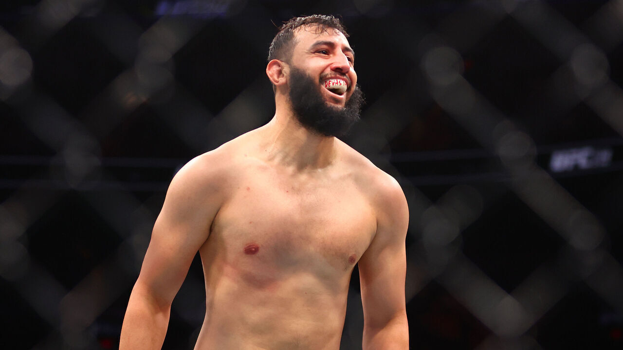 MIAMI, FLORIDA - APRIL 12: Dominick Reyes of the United States celebrates after knocking out Nikita Krylov of Ukraine in a light heavyweight fight during UFC 314 at Kaseya Center on April 12, 2025 in Miami, Florida.