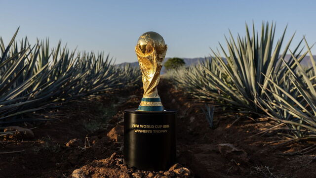 GUADALAJARA, MEXICO - APRIL 19: The FIFA World Cup Trophy Tour is displayed in an Agave field inGuadalajara on April 19, 2024 in Guadalajara, Mexico.