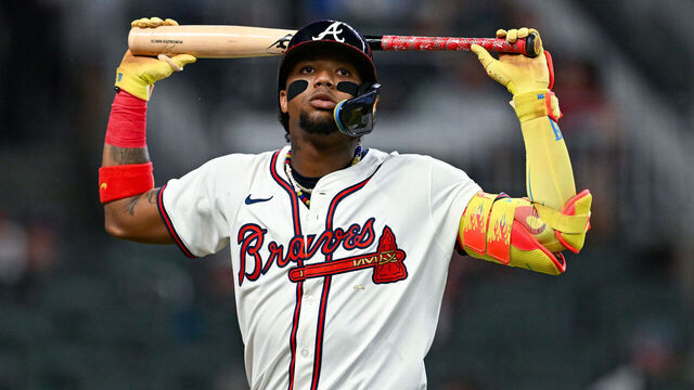 ATLANTA, GA JULY 22: Atlanta right fielder Ronald Acuna Jr. (13) reacts after striking out during the MLB game between the San Francisco Giants and the Atlanta Braves on July 22nd, 2025 at Truist Park in Atlanta, GA.