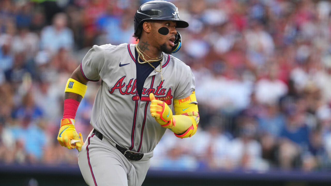 KANSAS CITY, MISSOURI - JULY 28: Ronald Acuña Jr. #13 of the Atlanta Braves runs to first after hitting a single in the first inning against the Kansas City Royals at Kauffman Stadium on July 28, 2025 in Kansas City, Missouri.