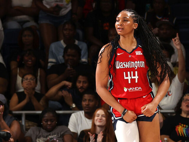 WASHINGTON, D.C. - JULY 29: Kiki Iriafen #44 of the Washington Mystics celebrates during the game against the Chicago Sky on July 29, 2025 at Entertainment and Sports Arena in Washington, D.C. Mandatory Copyright Notice: Copyright 2025 NBAE