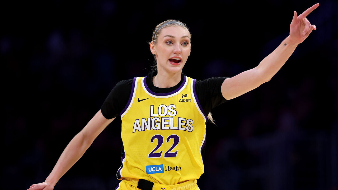LOS ANGELES, CALIFORNIA - JULY 29: Cameron Brink #22 of the Los Angeles Sparks gestures against the Las Vegas Aces during the first half at Crypto.com Arena on July 29, 2025 in Los Angeles, California.