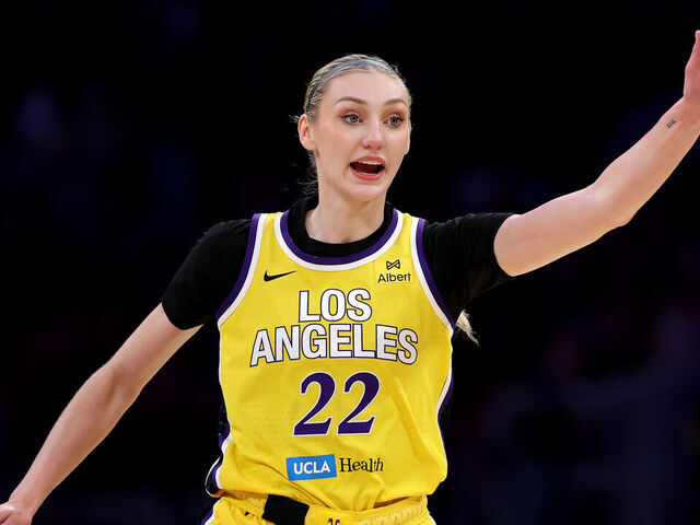LOS ANGELES, CALIFORNIA - JULY 29: Cameron Brink #22 of the Los Angeles Sparks gestures against the Las Vegas Aces during the first half at Crypto.com Arena on July 29, 2025 in Los Angeles, California.