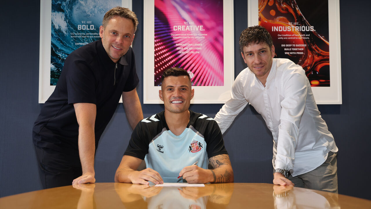 SUNDERLAND, ENGLAND - JULY 29: New Sunderland signing Granit Xhaka performs media duties at The Academy of Light on July 29, 2025 in Sunderland, England.