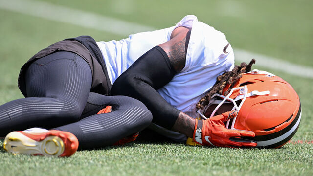BEREA, OHIO - JULY 29: Martin Emerson Jr. #1 of the Cleveland Browns reacts after being injured during Cleveland Browns training camp at CrossCountry Mortgage Campus on July 29, 2025 in Berea, Ohio.