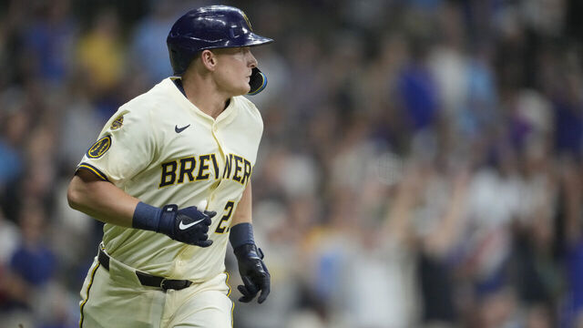 MILWAUKEE, WISCONSIN - JULY 29: Andrew Vaughn #28 of the Milwaukee Brewers rounds the bases after hitting a grand slam against the Chicago Cubs in the sixth inning at American Family Field on July 29, 2025 in Milwaukee, Wisconsin.