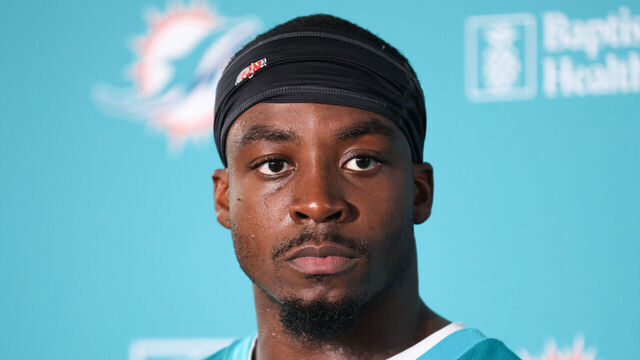 MIAMI GARDENS, FLORIDA - JULY 23: Kader Kohou #4 of the Miami Dolphins speaks to the media during Miami Dolphins Training Camp at Baptist Health Training Complex on July 23, 2025 in Miami Gardens, Florida.