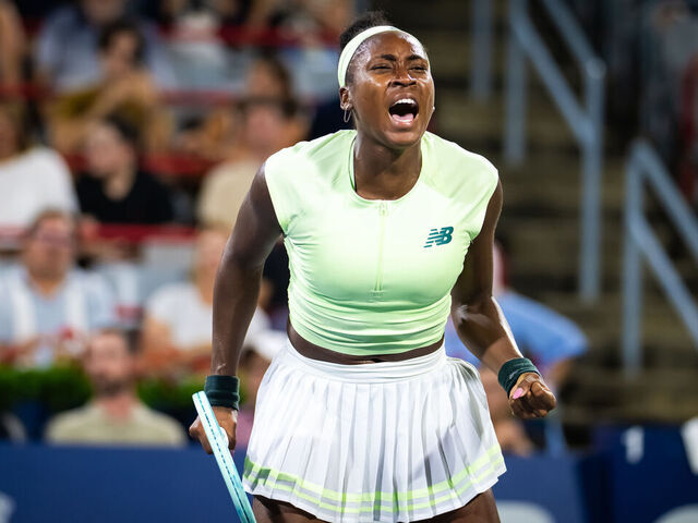 MONTREAL, QUEBEC - JULY 29: Coco Gauff of the United States reacts to defeating Danielle Collins of the United States in the second round of the National Bank Open at Stade IGA on July 29, 2025 in Montreal, Quebec