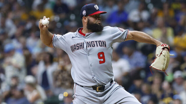 MILWAUKEE, WI - JULY 11: Washington Nationals pitcher Luis García (9) pitches during a game between the Milwaukee Brewers and the Washington Nationals on July 11, 2025 at American Family Field in Milwaukee, WI.