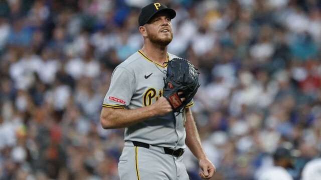 SEATTLE, WASHINGTON - JULY 05: Caleb Ferguson #64 of the Pittsburgh Pirates looks on during the game against the Seattle Mariners at T-Mobile Park on July 05, 2025 in Seattle, Washington. The Seattle Mariners won 1-0.