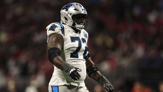 ATLANTA, GEORGIA - JANUARY 05: Taylor Moton #72 of the Carolina Panthers celebrates during an NFL football game against the Atlanta Falcons at Mercedes-Benz Stadium on January 5, 2025 in Atlanta, Georgia.
