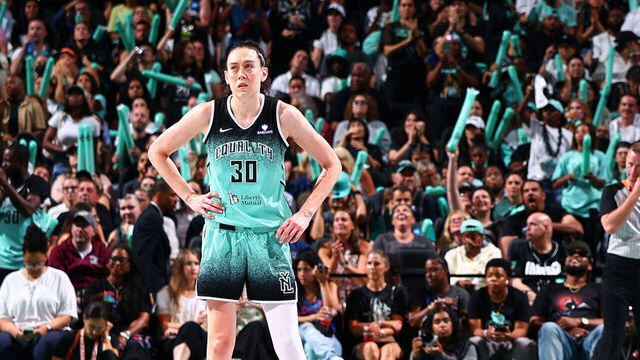 BROOKLYN, NY - JULY 22: Breanna Stewart #30 of the New York Liberty looks on during the game against the Indiana Fever during a WNBA game on July 22, 2025 at Barclays Center Arena in Brooklyn, New York. Mandatory Copyright Notice: Copyright 2025 NBAE