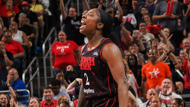 INDIANAPOLIS, IN - JULY 30: Aari McDonald #2 of the Indiana Fever celebrates during the game against the Phoenix Mercury on July 30, 2025 at Gainbridge Fieldhouse in Indianapolis, Indiana. Mandatory Copyright Notice: Copyright 2025 NBAE