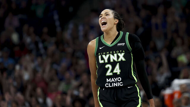 MINNEAPOLIS, MINNESOTA - JULY 30: Napheesa Collier #24 of the Minnesota Lynx celebrates after scoring a three-point shot during the second quarter against the New York Liberty at Target Center on July 30, 2025 in Minneapolis, Minnesota.
