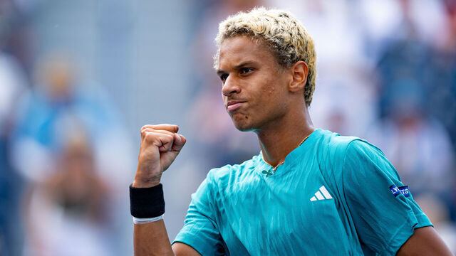 TORONTO, ON - JULY 30: Gabriel Diallo (CAN) celebrates after winning a point during his second round match at ATP National Bank Open on July 30, 2025 at Sobeys Stadium in Toronto, ON, Canada