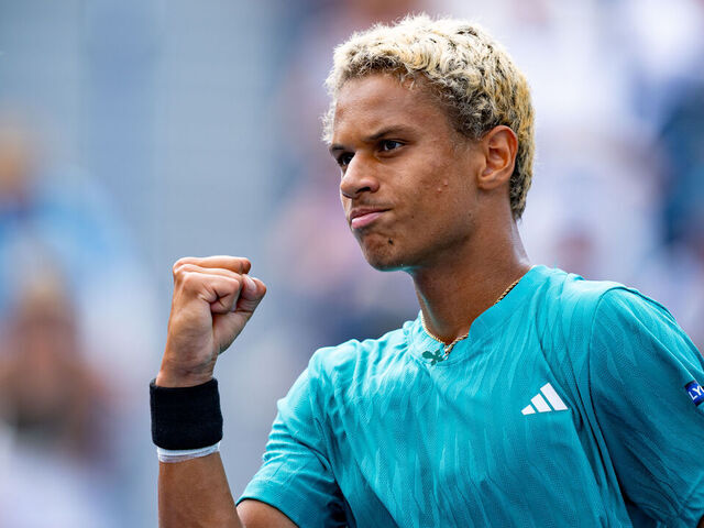 TORONTO, ON - JULY 30: Gabriel Diallo (CAN) celebrates after winning a point during his second round match at ATP National Bank Open on July 30, 2025 at Sobeys Stadium in Toronto, ON, Canada