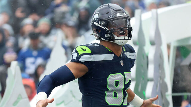 SEATTLE, WASHINGTON - DECEMBER 22: Noah Fant #87 of the Seattle Seahawks is introduced before the game against the Minnesota Vikings at Lumen Field on December 22, 2024 in Seattle, Washington.