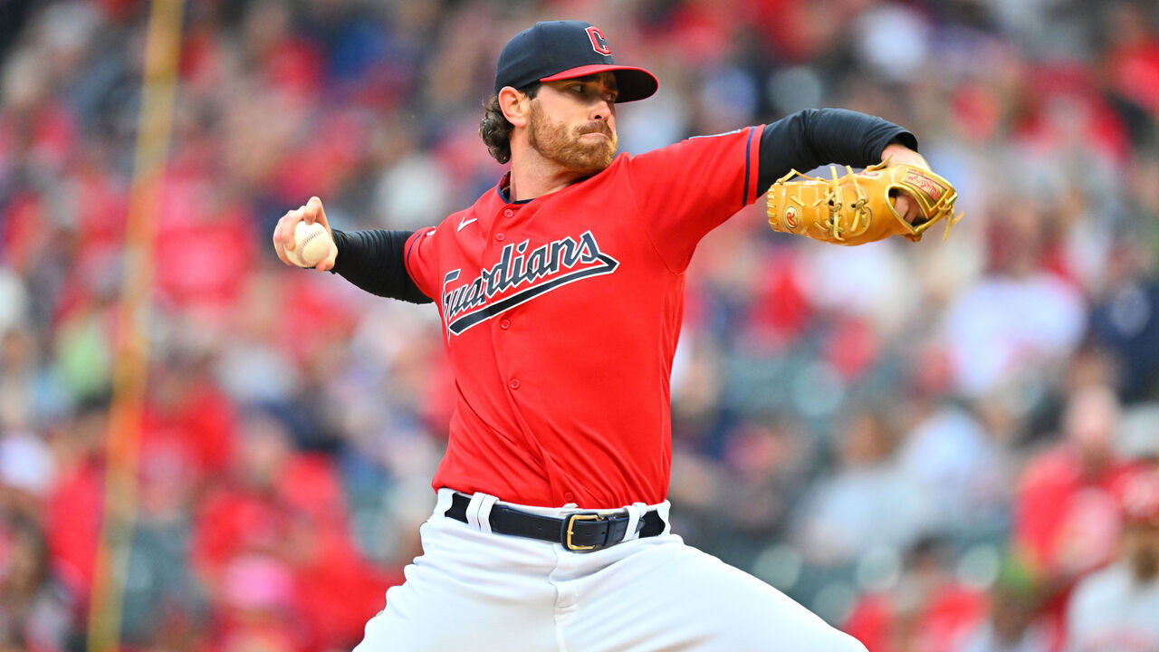 CLEVELAND, OHIO - SEPTEMBER 27: Starting pitcher Shane Bieber #57 of the Cleveland Guardians pitches during the first inning against the Cleveland Guardians at Progressive Field on September 27, 2023 in Cleveland, Ohio.