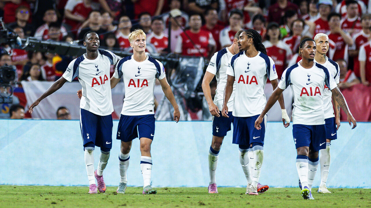 HONG KONG, CHINA - JULY 31: Pape Matar Sarr of Tottenham Hotspur (L) celebrates after scoring his goal with teammates during to the pre-season friendly match between Arsenal and Tottenham Hotspur at Kai Tak Stadium, Kai Tak Sports Park on July 31, 2025 in Hong Kong, China.