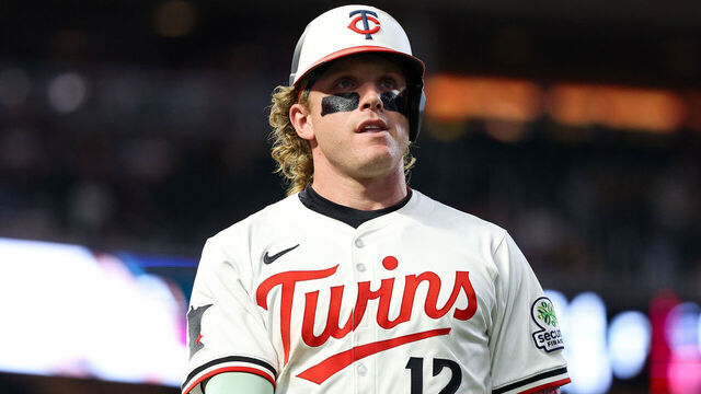 MINNEAPOLIS, MINNESOTA - JULY 28: Harrison Bader #12 of the Minnesota Twins looks on during the eighth inning against the Boston Red Sox at Target Field on July 28, 2025 in Minneapolis, Minnesota.