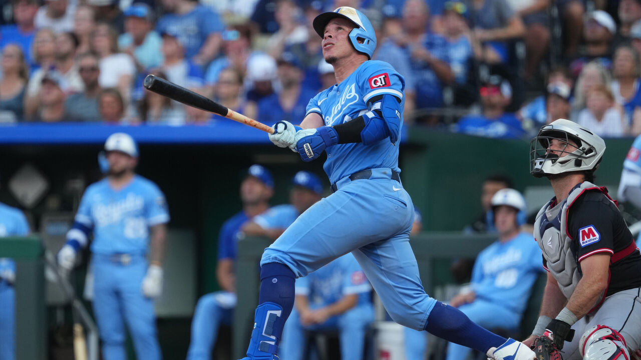 KANSAS CITY, MISSOURI - JULY 26: Freddy Fermin #34 of the Kansas City Royals hits a two-run home run in the second inning against the Cleveland Guardians in game two of a doubleheader at Kauffman Stadium on July 26, 2025 in Kansas City, Missouri.
