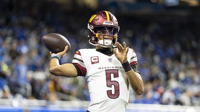 DETROIT, MICHIGAN - JANUARY 18: Jayden Daniels #5 of the Washington Commanders looks to pass prior to an NFL Football game against the Detroit Lions at Ford Field on January 18, 2025 in Detroit, Michigan.